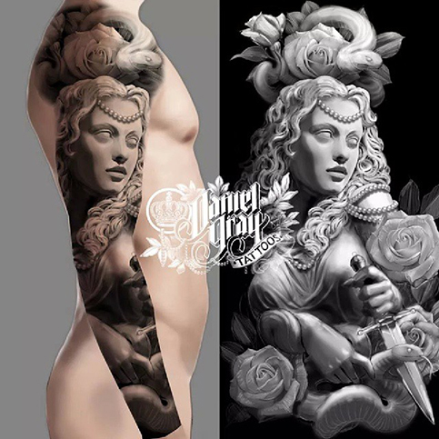 Full sleeve tattoo idea, woman with dagger, roses
