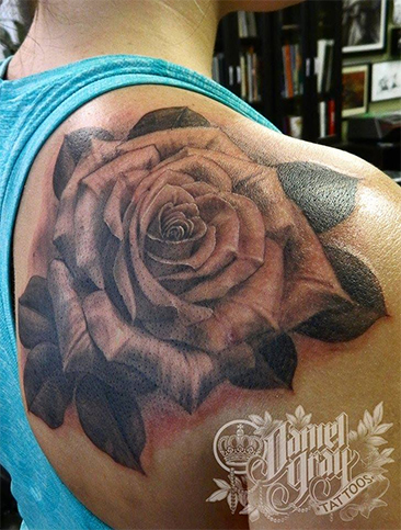 black and gray rose tattoo by cincinnati artist Daniel Gray