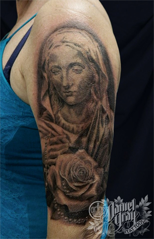 virgin mary tattoo by cincinnati artist Daniel Gray