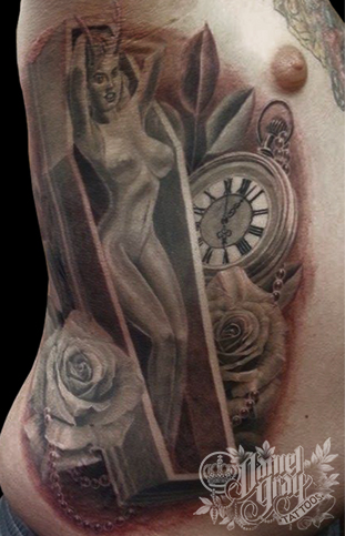 coffin, pin up, pocket watch roses, Rib tattoo by cincinnati artist Daniel Gray