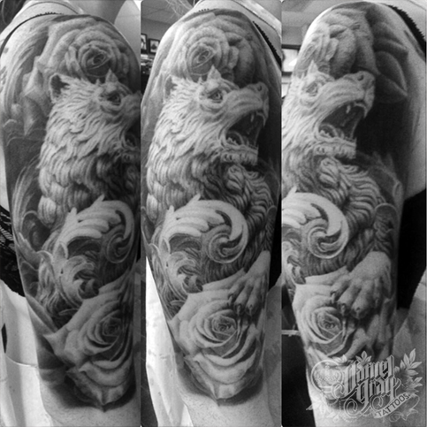 wolf statue, roses, filigree, half sleeve tattoo by cincinnati artist Daniel Gray