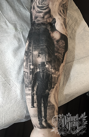 Day of the dead sleeve, lady with skull and roses, tattoo by cincinnati artist Daniel Gray
