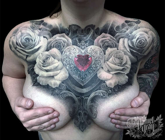 Woman Female Girl chest piece, heart and roses, tattoo by cincinnati artist Daniel Gray