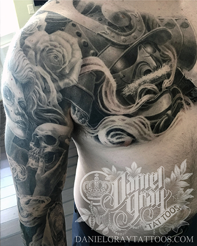 Samurai chest piece, tattoo by cincinnati artist Daniel Gray