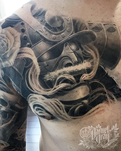 Samurai chest piece and sleeve, tattoo by cincinnati artist Daniel Gray