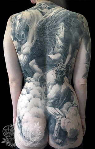 backpiece piece, pegasus, theseus tattoo by cincinnati artist Daniel Gray